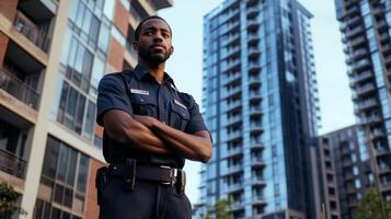 A Security Guard Stands in Front of an Apartment Building photo