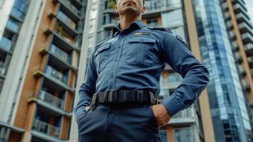 Security Guard Standing in Front of an Apartment Building photo