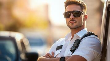 A Man in a White Shirt and Sunglasses Leaning Against a Wall photo