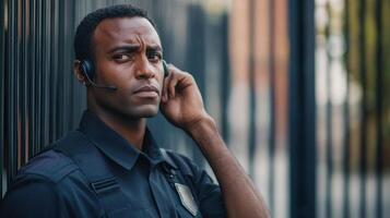 A young black man wearing a security guard uniform and headset photo