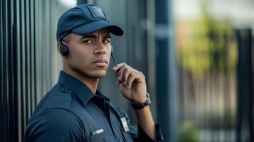 A Security Guard Wearing a Blue Uniform and a Black Baseball Cap photo