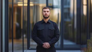 A Security Guard in a Black Uniform Standing in Front of a Glass Building photo