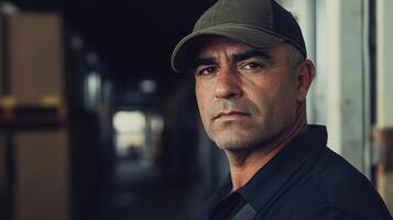 Close-up Portrait of a Man in a Green Baseball Cap and Black Shirt photo