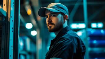 A Man in a Blue Work Uniform and Baseball Cap Stands in a Warehouse photo