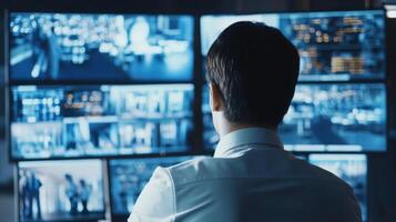 A Man in a White Shirt Facing a Wall of Security Monitors photo