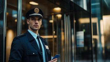 A Security Guard in Uniform Standing in Front of Glass Doors, Holding a Phone photo