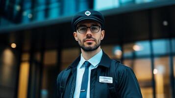 A man in a black suit and a cap, wearing glasses, standing outside a building. photo