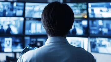 Security Guard Monitoring Multiple Security Cameras photo
