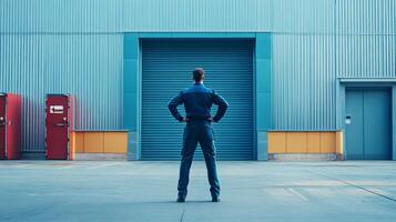 A lone worker stands in front of a closed garage door. photo