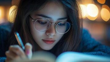 Young Woman with Glasses Focused on Reading a Book photo