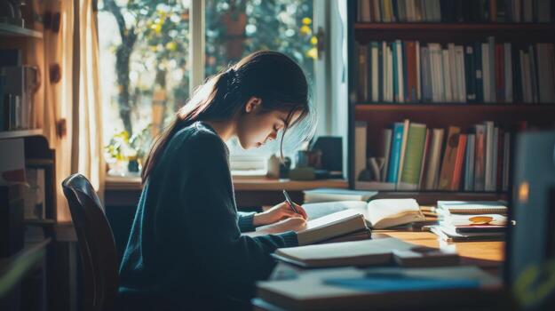 A Woman Writing in a Notebook at a Desk Near a Window photo