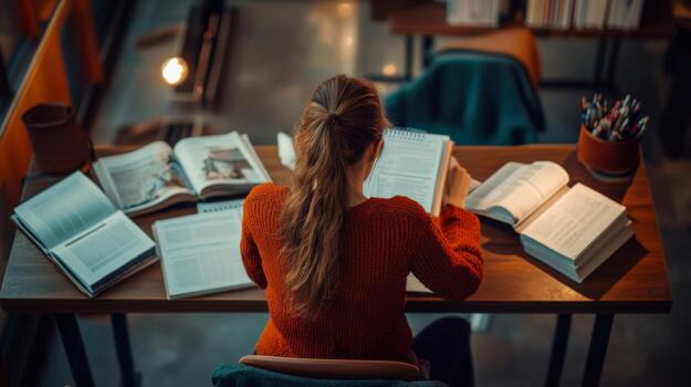 Rear View of a Woman Studying at a Desk with Open Books photo