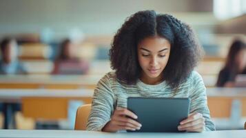 Young woman with curly hair using a tablet in a classroom setting photo