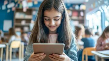 Young girl in a classroom using a tablet computer photo