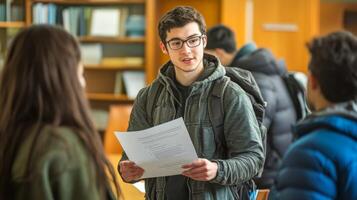 Young Man in Glasses Discussing a Paper with Another Person in a Library photo