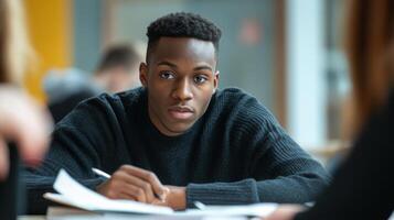 A young black man with a serious expression writes in a notebook. photo