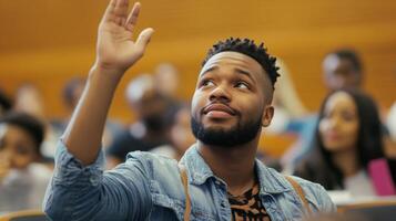 Young Black Man Raises Hand in a Classroom Setting photo