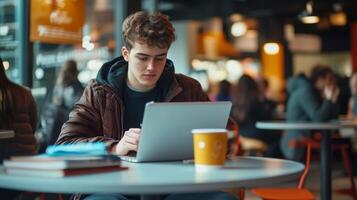 Young Man Working on Laptop in a Coffee Shop photo