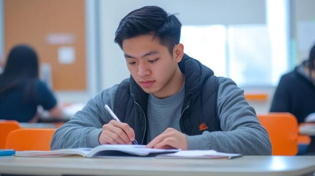Young Man Focused on Writing in a Notebook photo