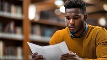 A Young Man in a Yellow Sweater Reads a Book in a Library photo