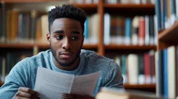 A Young Man Reads in a Library with Bookshelves in the Background photo
