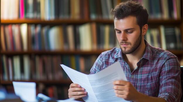 A Young Man Reading Papers in a Library Setting photo