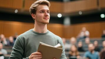 Young man holding a book in a lecture hall, looking towards the front photo
