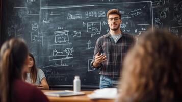 Young Man Delivering a Presentation in Front of a Chalkboard photo