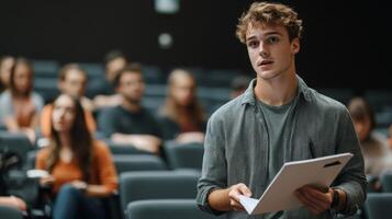 Young Man Holding a Document in a Lecture Hall photo