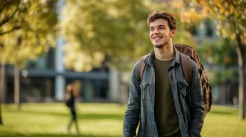 A Smiling Young Man With A Backpack Walking On A Grassy Path photo