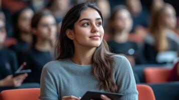 Young Woman in Grey Sweater Listening Attentively in a Lecture Hall photo