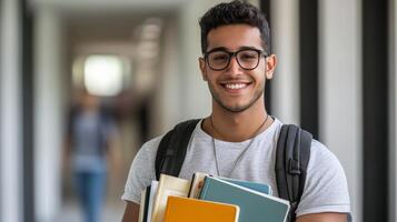 Smiling College Student Holding Books and Backpack photo