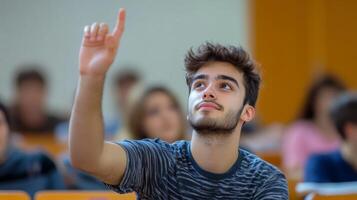 Young Man Raising Hand in Classroom Setting photo