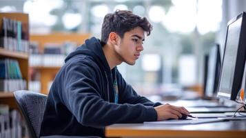 Young Man Using Computer in Library Setting photo