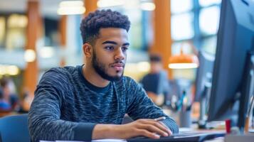 Young Man Focused on Computer in a Library Setting photo