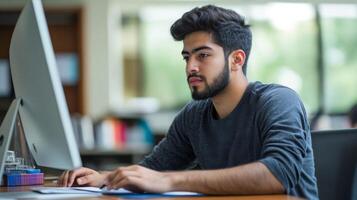 Young Man Focused on Computer Screen in Library photo