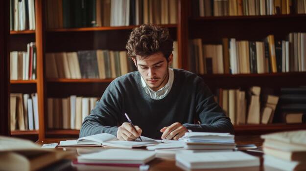 A Young Man Studying in a Library Surrounded by Books photo