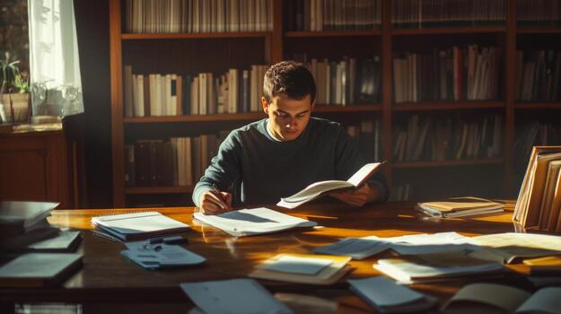 A Young Man Studying in a Library with Books and Papers Spread Out on a Wooden Table photo