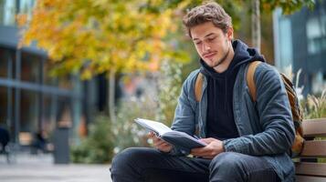 Young Man Reading a Book on a Bench in Autumn photo