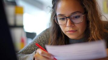 A young woman wearing glasses attentively reads and writes on a sheet of paper with a red pen. photo