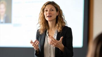 A Woman Giving a Presentation, Gesturing with Her Hands photo