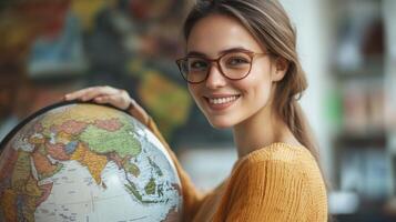 A Young Woman Holding a Globe and Smiling photo