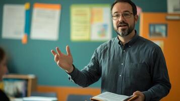 A Male Teacher in a Classroom Setting, Holding a Book and Gesturing with His Hand photo