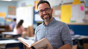 A smiling male teacher holding an open book in a classroom photo
