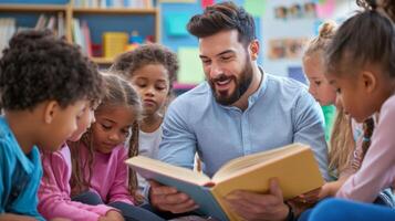 Teacher Reading a Book to a Group of Children in a Classroom photo