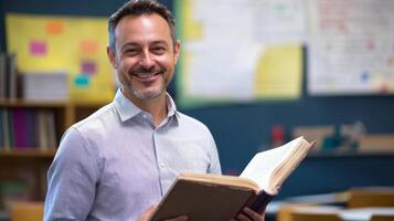 A Smiling Male Teacher Holding a Book in a Classroom photo