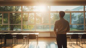 Man in a White Shirt Gazes at a Window with Sunlight Streaming Through photo