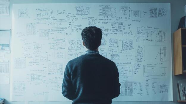 A Man Standing In Front of a Whiteboard Filled with Handwritten Notes and Diagrams photo