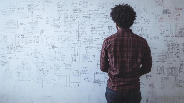 Man with Curly Hair Standing in Front of a Whiteboard Covered in Handwritten Notes and Sketches photo