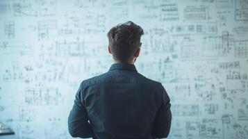 Man in Black Shirt Facing Whiteboard with Scribbles photo
